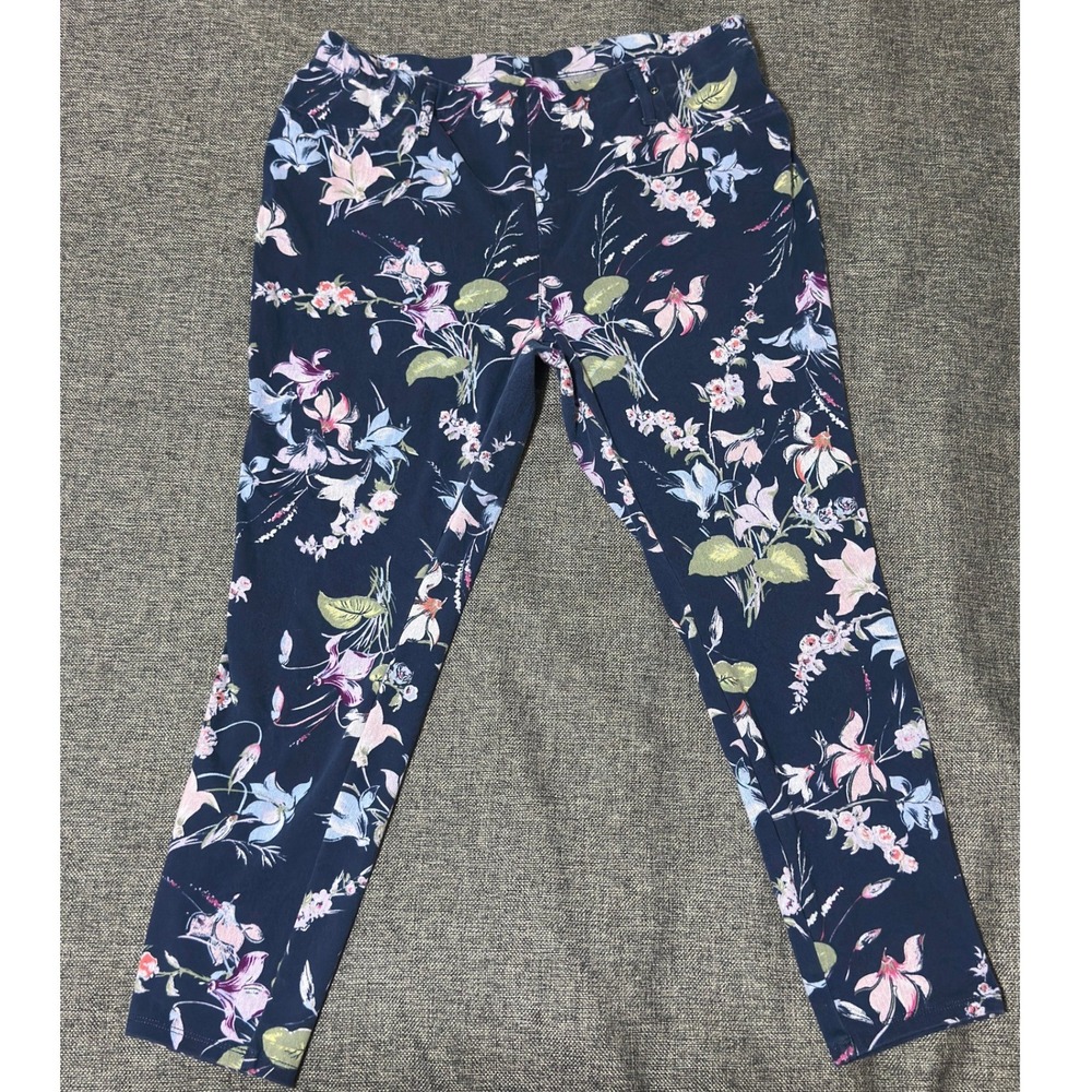 Terra & Sky Womens 1X Pants Floral Navy Blue Pull On Stretch